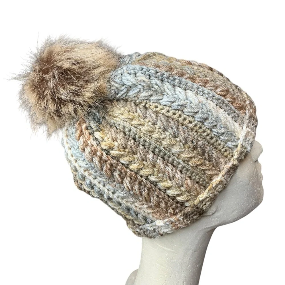 Handcrafted Crochet Multicolor Winter Hat Snowy Wheat Stitch Beanie with Pom Pom